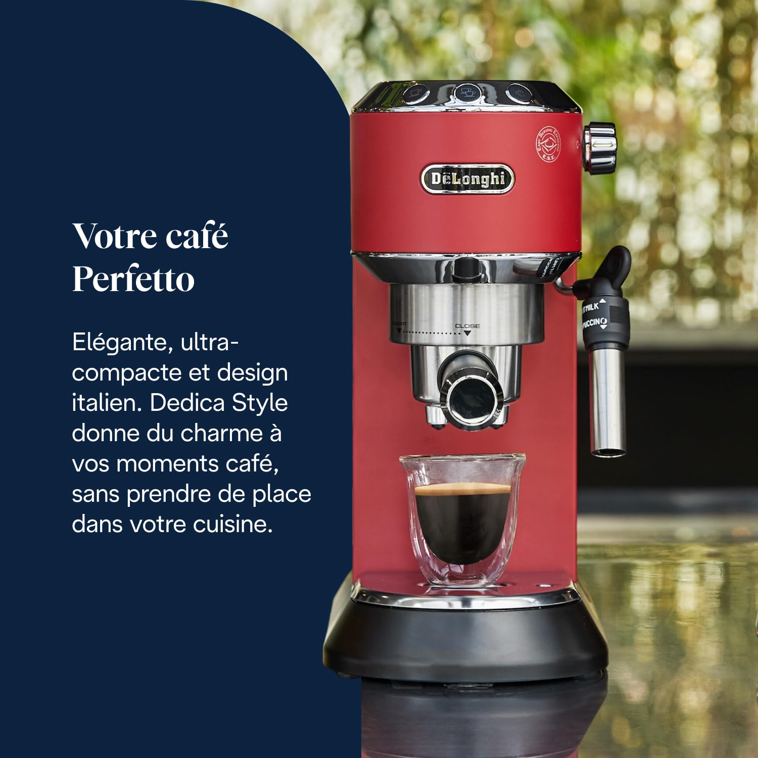 Dedica Style, Machine à Café à Pompe en Acier Inoxydable Pour Café Moulu ou Dosettes, Rouge