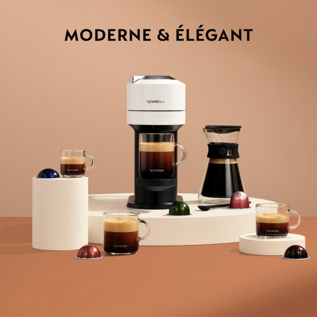 Machine à Café Vertuo Next Blanc, Capsules café Vertuo seulement, Technologie Centrifusion, 5 Tailles de Tasses + Kit de Bienvenue, Design Moderne, Arrêt Automatique, Blanc