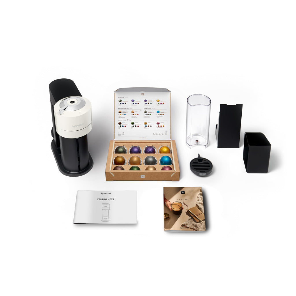 Machine à Café Vertuo Next Blanc, Capsules café Vertuo seulement, Technologie Centrifusion, 5 Tailles de Tasses + Kit de Bienvenue, Design Moderne, Arrêt Automatique, Blanc