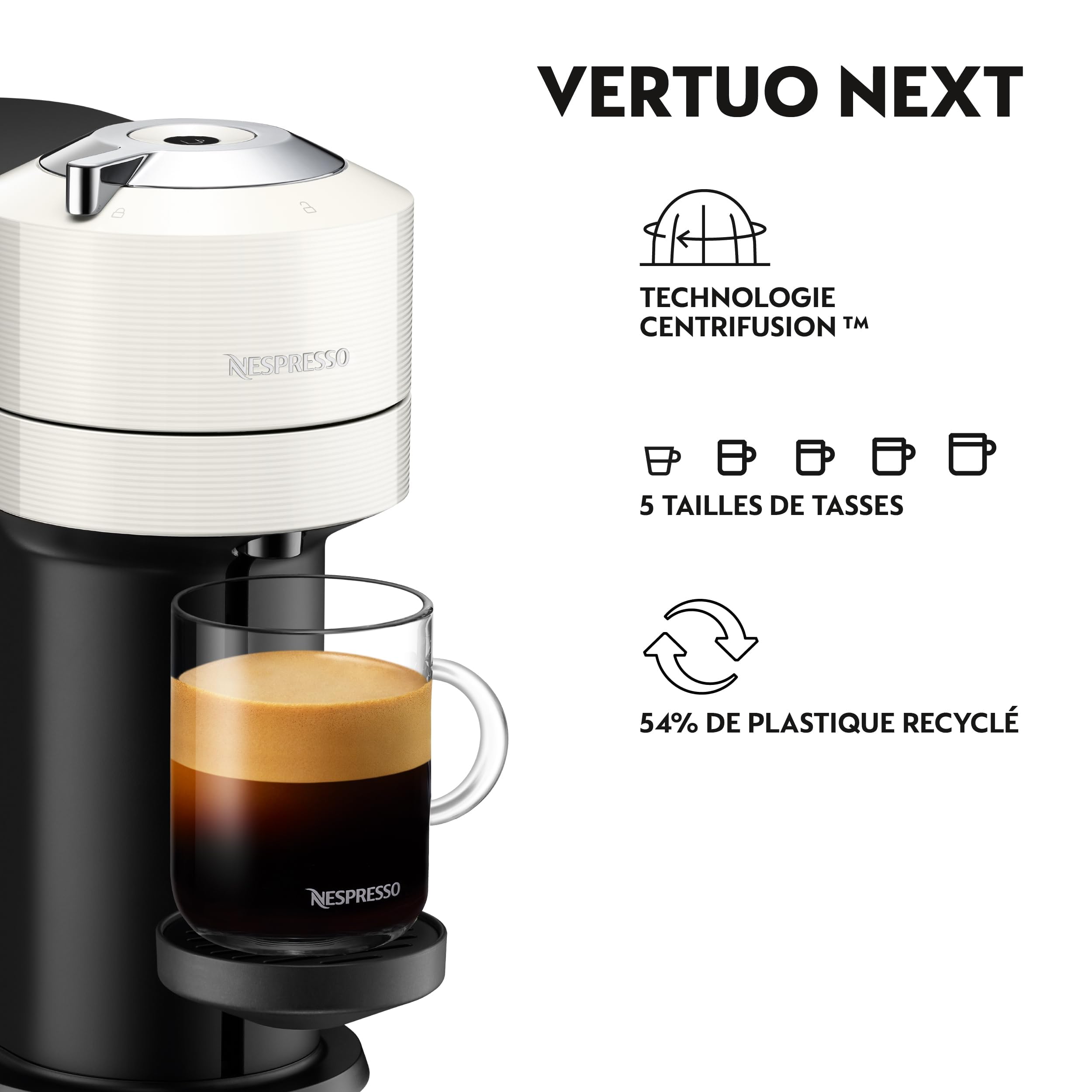 Machine à Café Vertuo Next Blanc, Capsules café Vertuo seulement, Technologie Centrifusion, 5 Tailles de Tasses + Kit de Bienvenue, Design Moderne, Arrêt Automatique, Blanc