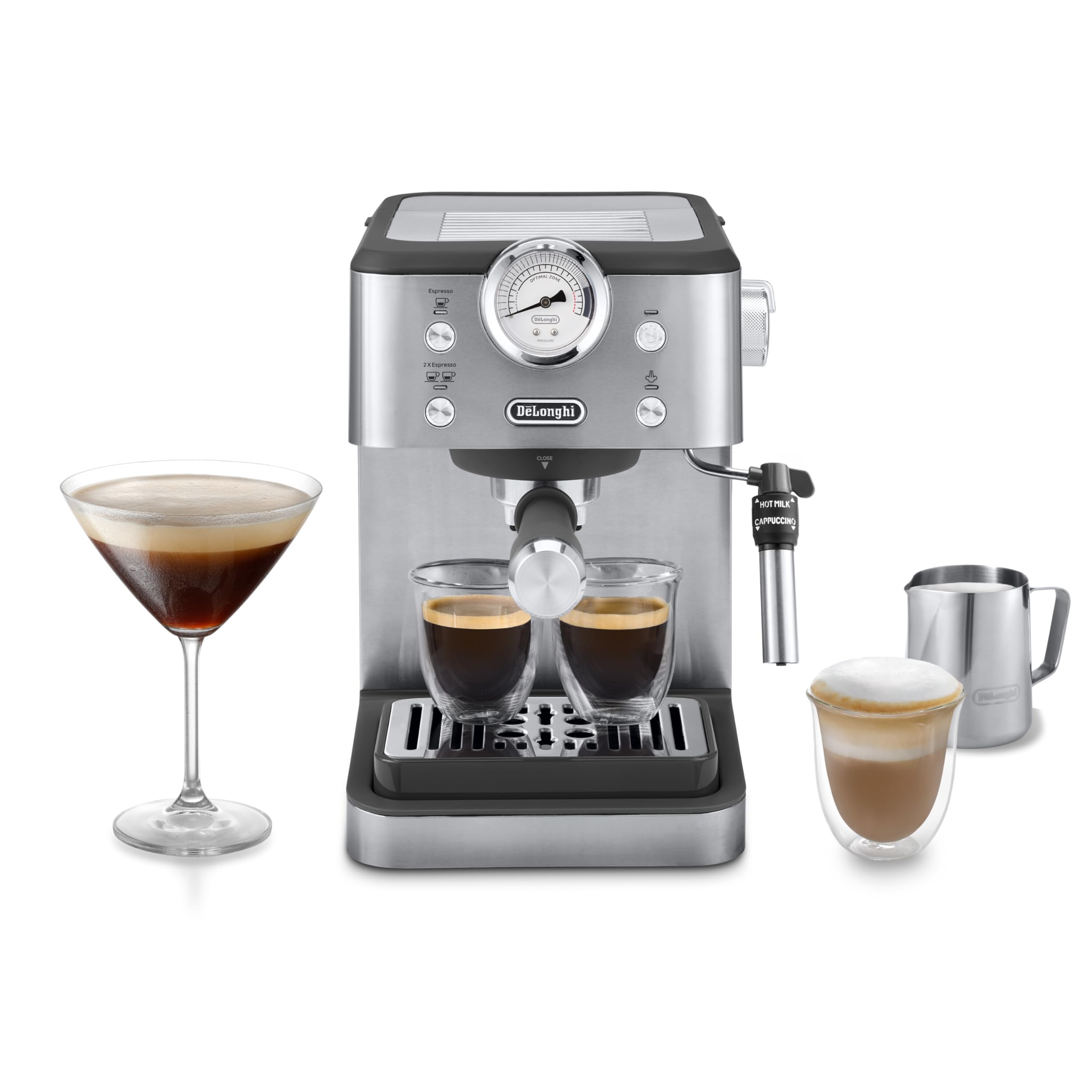 Linea Classic Machine à café manuelle avec tige vapeur, machine à expresso avec pompe barista, buse pour cappuccino, filtre double paroi, 15 bar, tasse jusqu'à 13 cm, acier