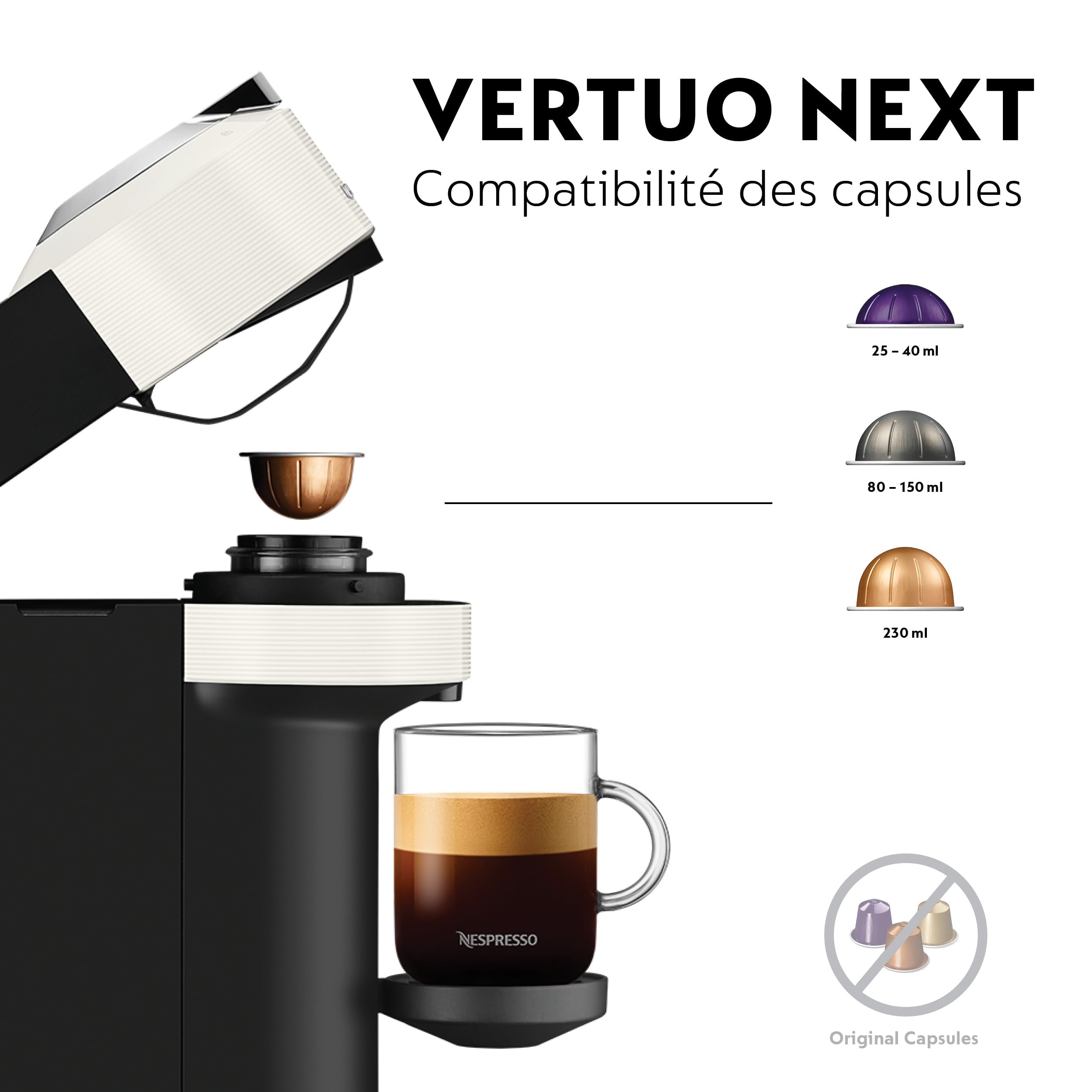 Machine à Café Vertuo Next Blanc, Capsules café Vertuo seulement, Technologie Centrifusion, 5 Tailles de Tasses + Kit de Bienvenue, Design Moderne, Arrêt Automatique, Blanc